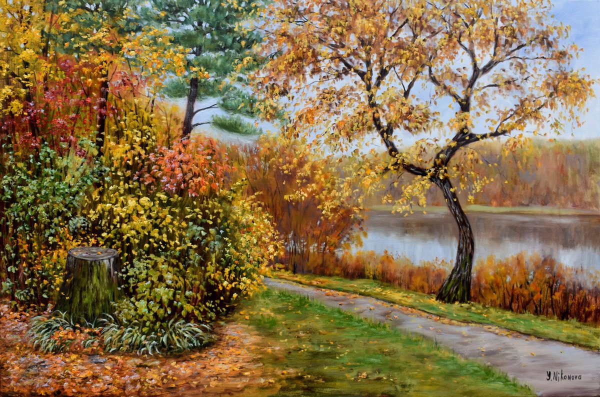 Impressionistic Landscape Oil Painting By Yulia Nikonova, 36 X 24", Autumn In New Jersey, Original Artwork