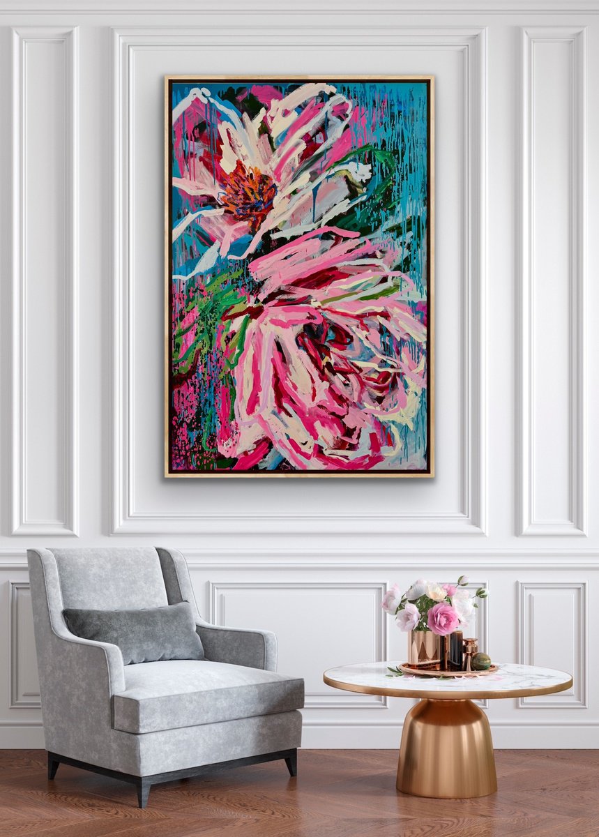 Expressive Botanical Painting By Julia Borg, 39 X 59", "Love You Inside Out", Original Artwork