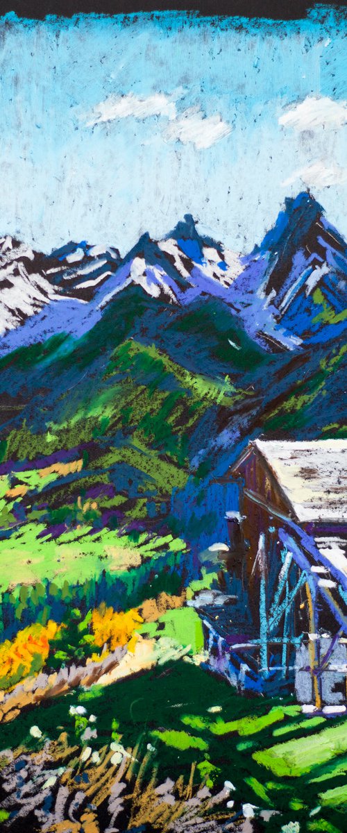 Old mill in Alpes. Scuol, Switzerland. Impressionistic etude ORIGINAL OIL PASTEL PAINTING. SMALL mountains nature IMPRESSIONISM IMPRESSION DECOR TRAVEL bright by Sasha Romm