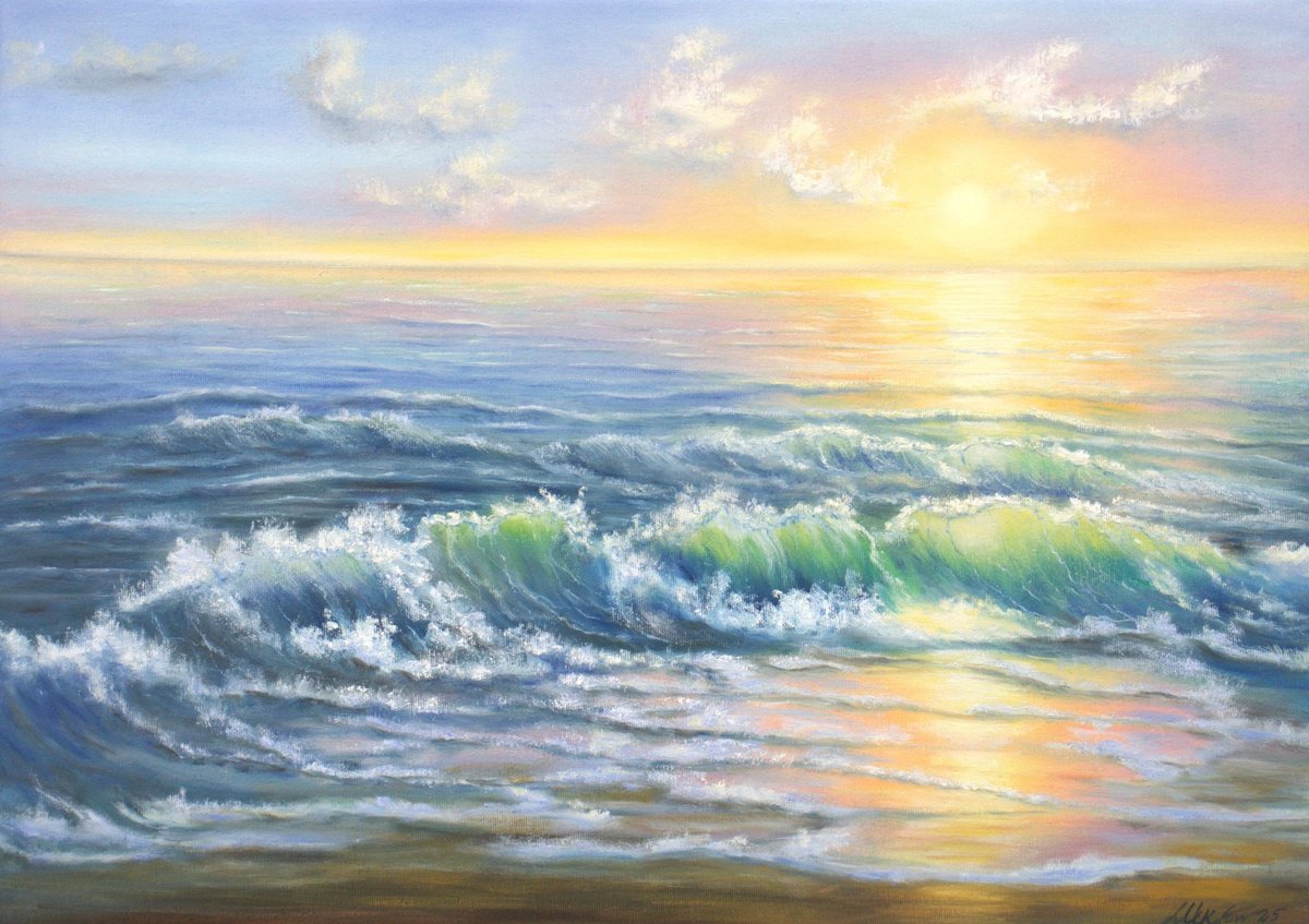 Expressive Landscape Oil Painting By Ludmilla Ukrow, 28 X 20", Ocean Sunset, Original Artwork