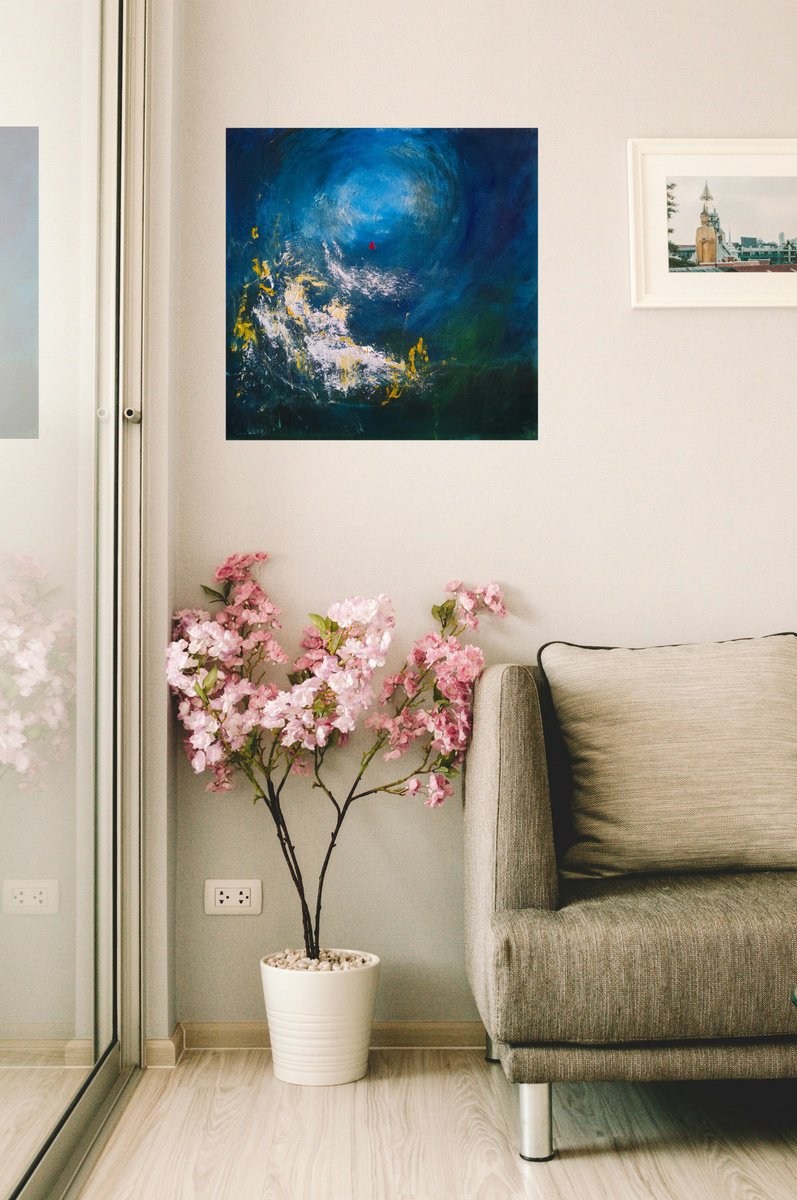 Expressive Abstract Oil Painting By Wedad Alamin, 16 X 16", At Sea I Perish, Original Artwork