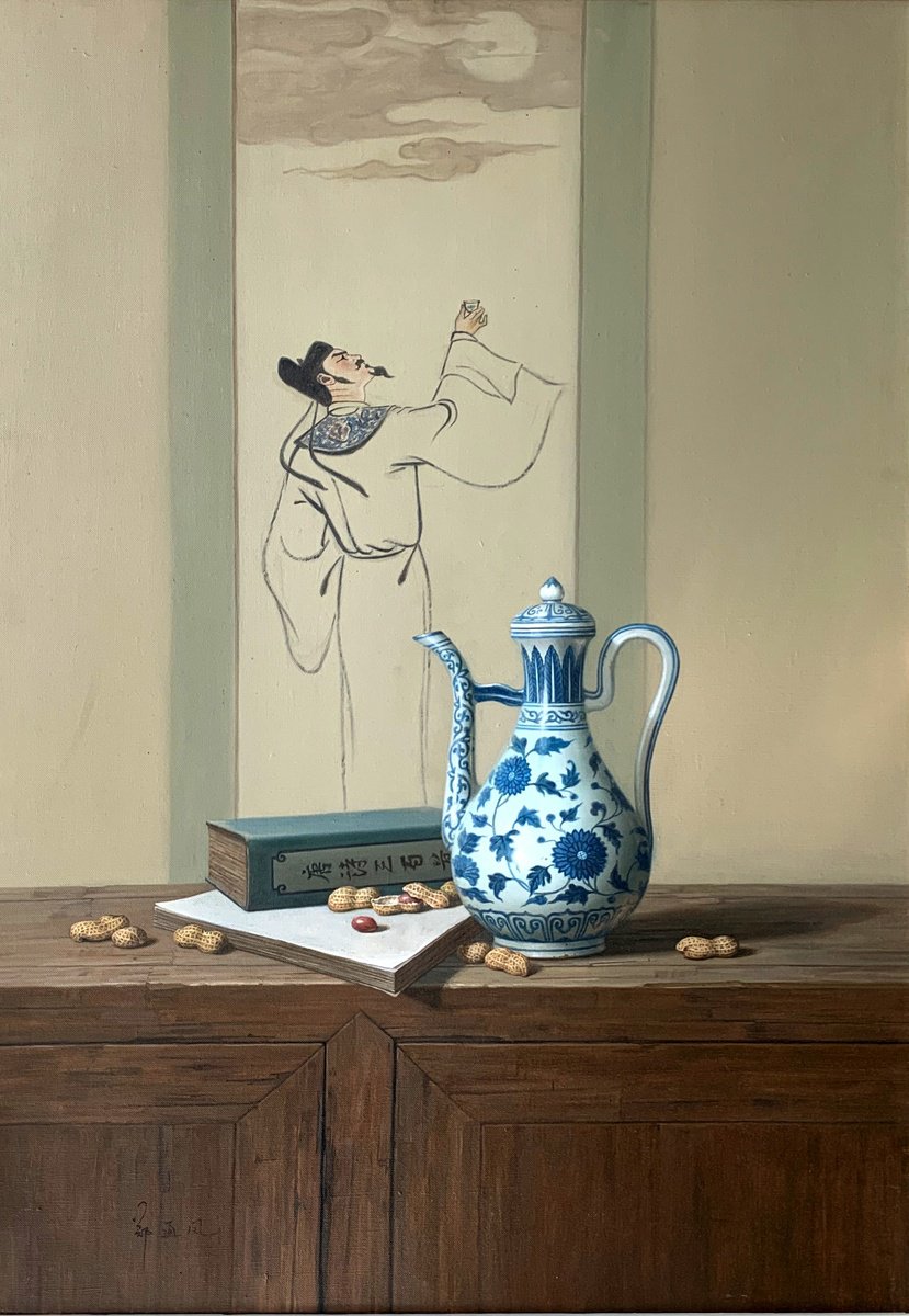 Photorealistic Still Life Oil Painting By Kunlong Wang, 28 X 39", Chinese Ancient Poet:libai, Original Artwork