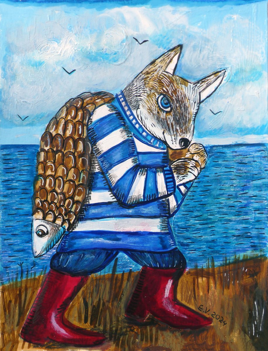 Surrealistic Painting , Fisherman And His Catch By Elizabeth Vlasova, 9 X 12, Artwork For Sale On Artfinder
