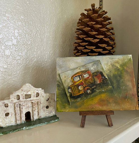 Vintage Old Truck Oil Painting on untempered gessoed masonite 5x7 with easel