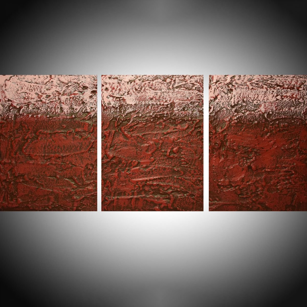 extra large triptych 3 panel wall art " Cherry Red " impasto effect 3 panel on cherry red pink brown canvas wall abstract 48 x 20 "