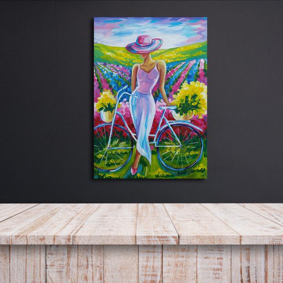 Repose - acrylic painting, bike, tulips, girl, woman, flowers, tulips field, relaxation, woman and bike