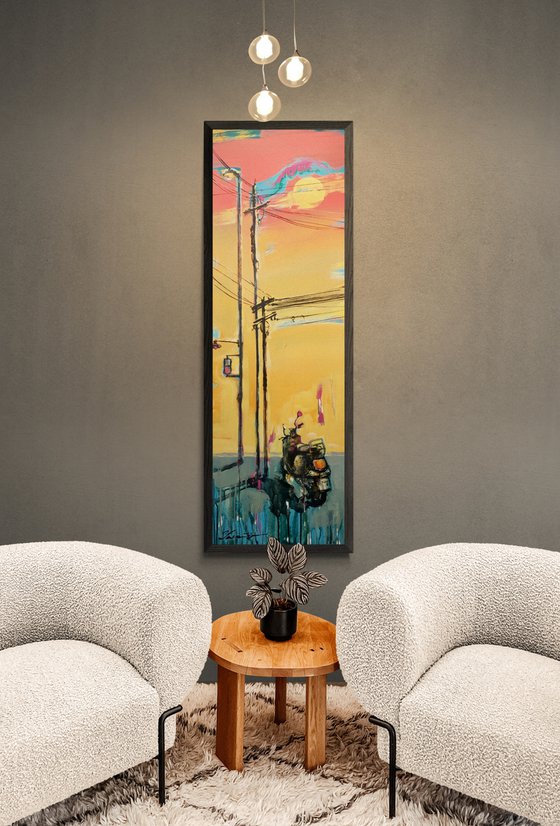 Bright vertical painting - "Sunset in city" - Sunrise - Pop Art - Moped - Expressionism