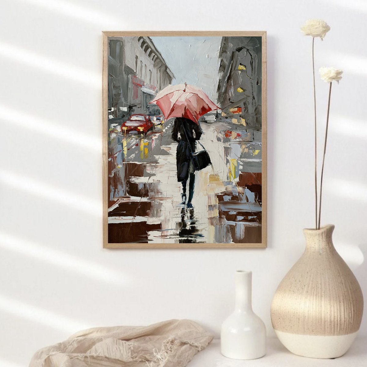 Expressive Portrait Oil Painting By Vita Schagen, 16 X 20", Woman With Umbrella In A Rainy City., Original Artwork