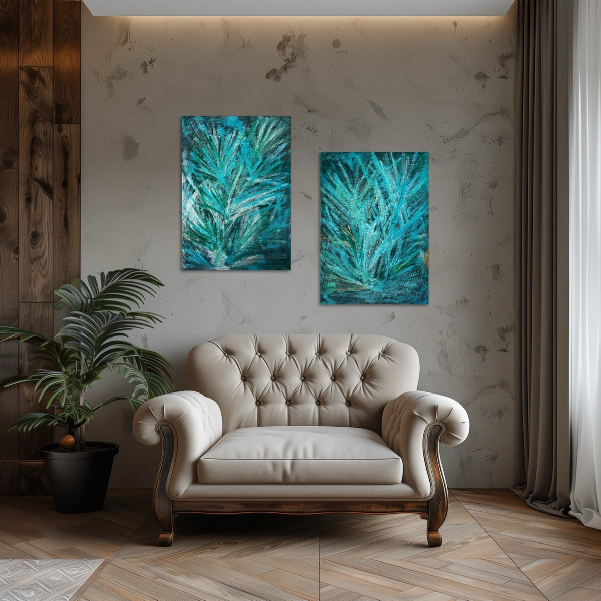 Abstract Acrylic Painting By Exclusive Arts, 20 X 28, Palm Garden Threes, Original Artwork