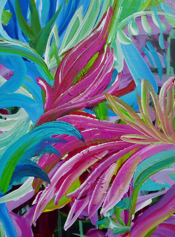 Abstract Tropical Flowers. Floral Garden.Pink Abstract Flowers. (41x51cm) Modern Textured Art