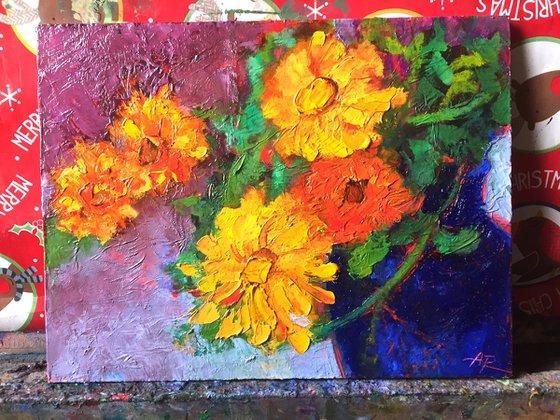 Sunny Marigold Flowers Oil Painting