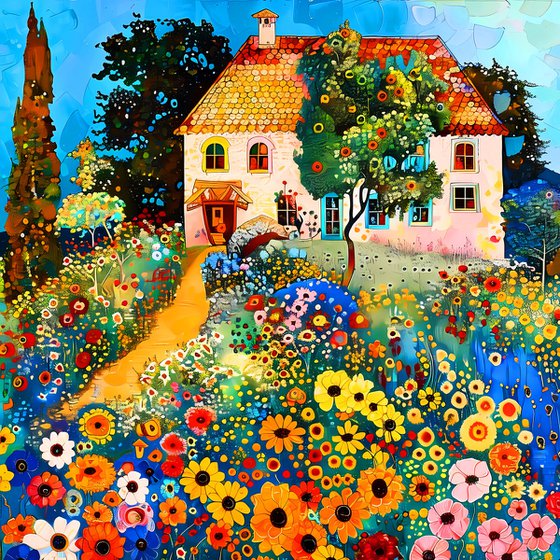 Sunny day with cozy house in colorful garden. Bright impressionistic fairytale floral landscape fantasy flowers. Hanging large positive relax naive fine art for home decor, inspiration by Matisse and Klimt