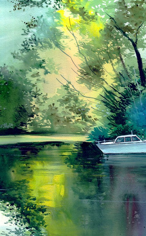 A White Boat In Deep Lake by Anil Nene