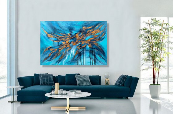 COMMISSIONED ARTWORK FOR M N-K - Blue Planet #2 - XL LARGE,  TEXTURED ABSTRACT ART – EXPRESSIONS OF ENERGY AND LIGHT. READY TO HANG!