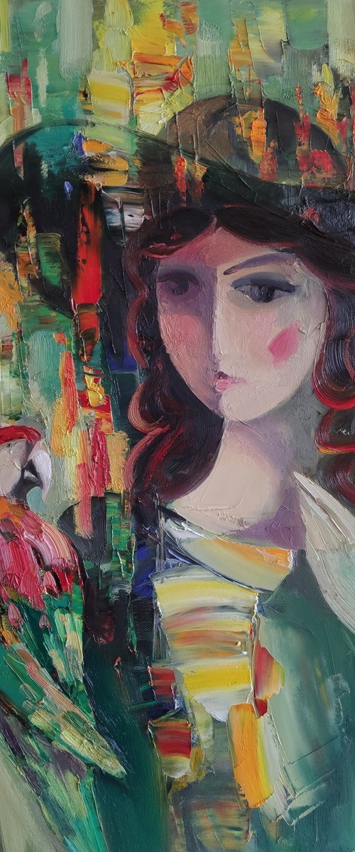 Girl with parrot 50x70cm ,oil/canvas, abstract portrait by Hayk Miqayelyan