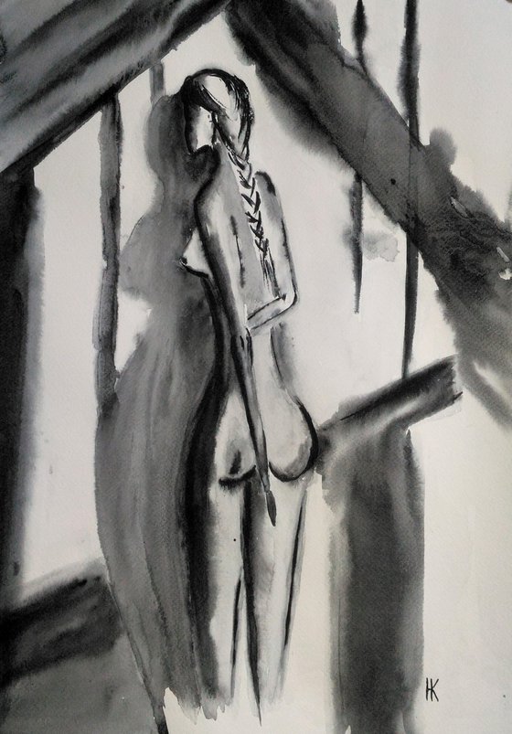 naked woman female nude original watercolor painting SHADOWS ON THE WALL