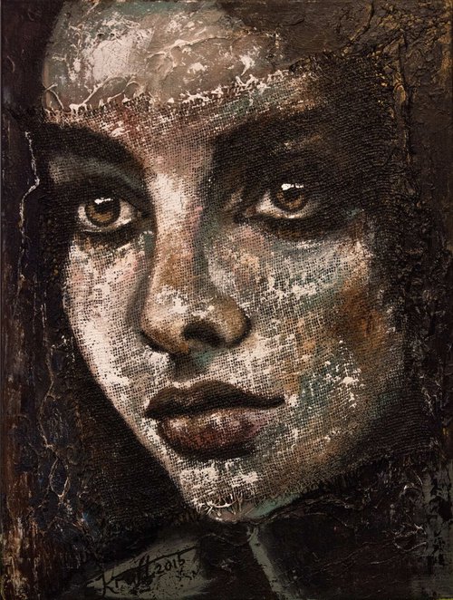 "Petite girl"Original acrylic painting on canvas and sack 60x80x2cm. by Elena Kraft