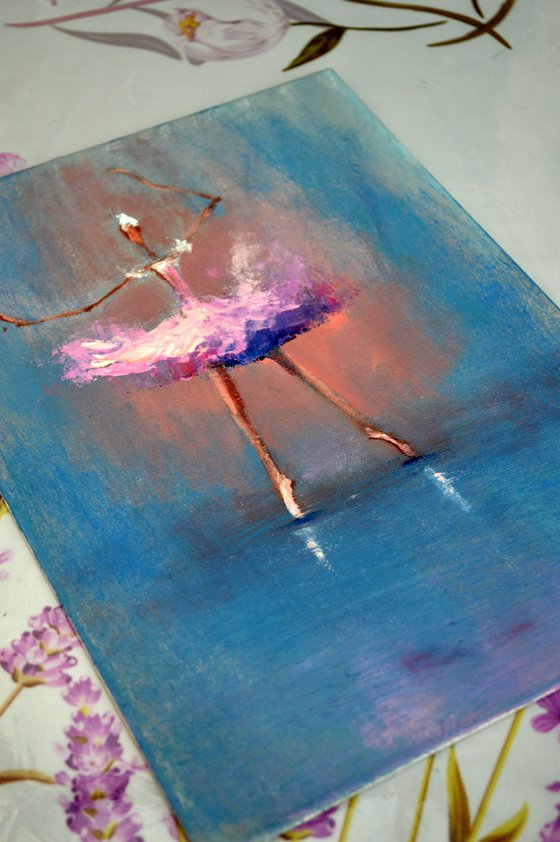 Funny pink ballerina.Miniature impasto oil.