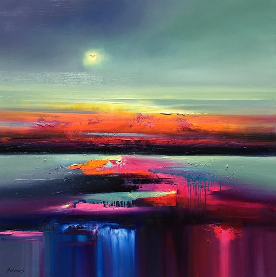 The Heat of the October Sun - 100 x 100 cm, abstract landscape oil painting in purple, blue and pink