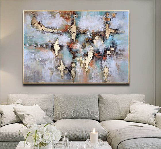 Summer Dance - Abstract Painting 60" x 40" Large Abstract Gold Leaf Soft Colors White Gray Painting