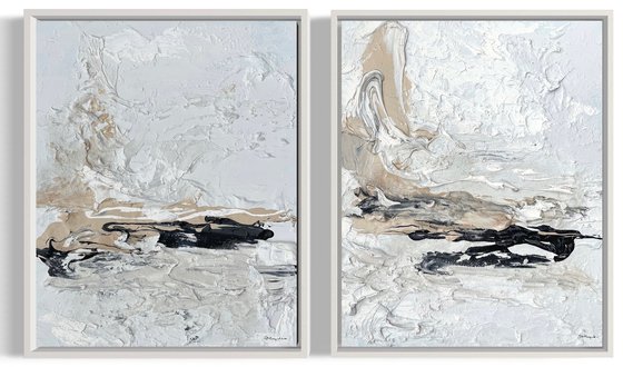 Hidden Light - 2 paintings- Black, Sand & White
