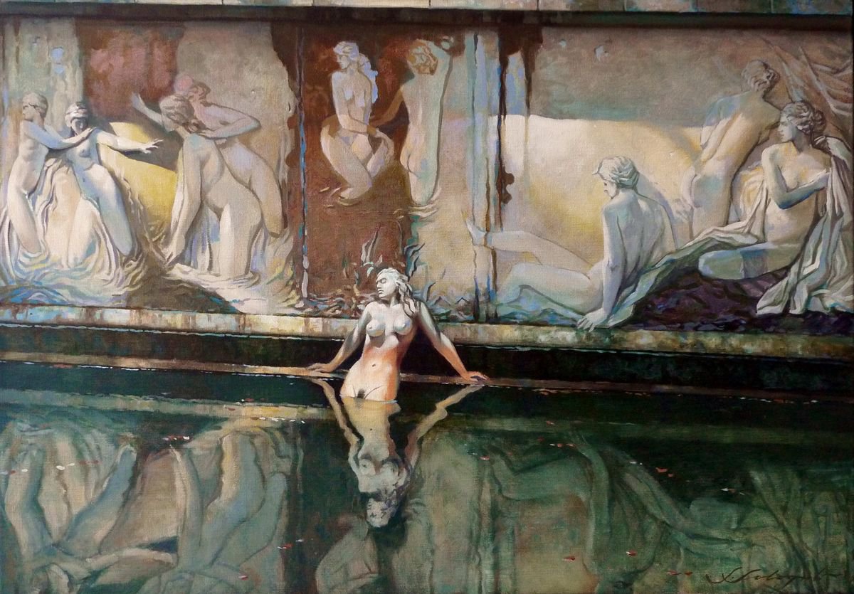 Photorealistic Cityscapes Oil Painting By Sergej Sologub, 39 X 28", Fontane, Original Artwork