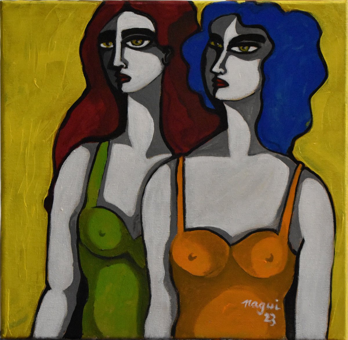 Expressive Portrait Acrylic Painting By Nagui, 12 X 12", Two Women Posing, Original Artwork