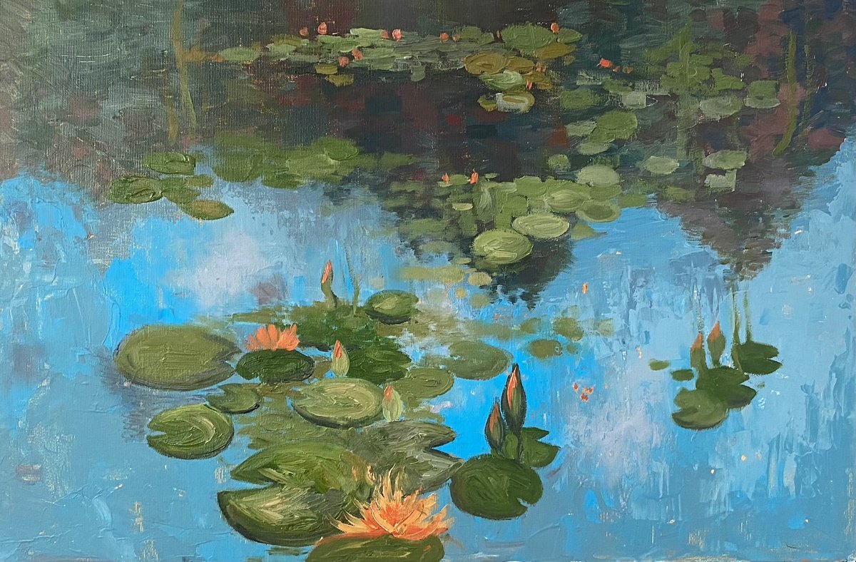 Surrealistic Landscape Oil Painting By Dasha Pogodina, 20 X 14, Water Lily Garden, Original Artwork