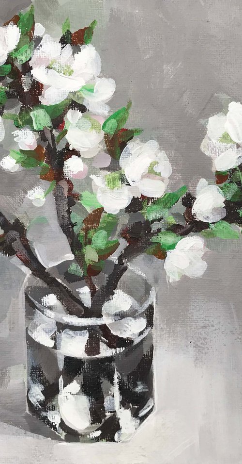 Blossoming cherry branch.. One of a kind, original painting, handmad work, gift. by Galina Poloz