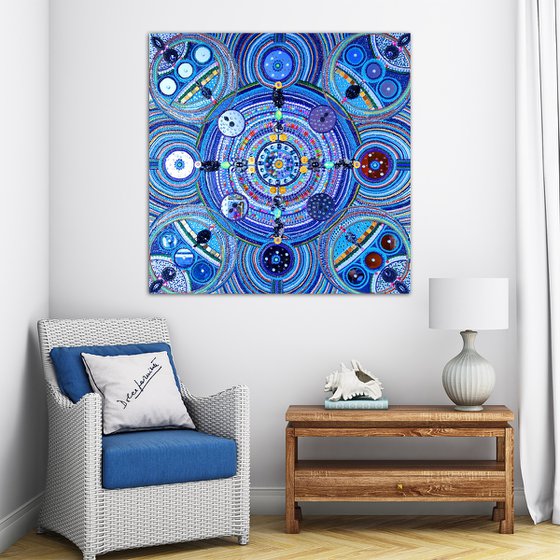 SPACE - decorative wall sculpture of rhinestones, mirrors, crystals. Turquoise blue abstract painting