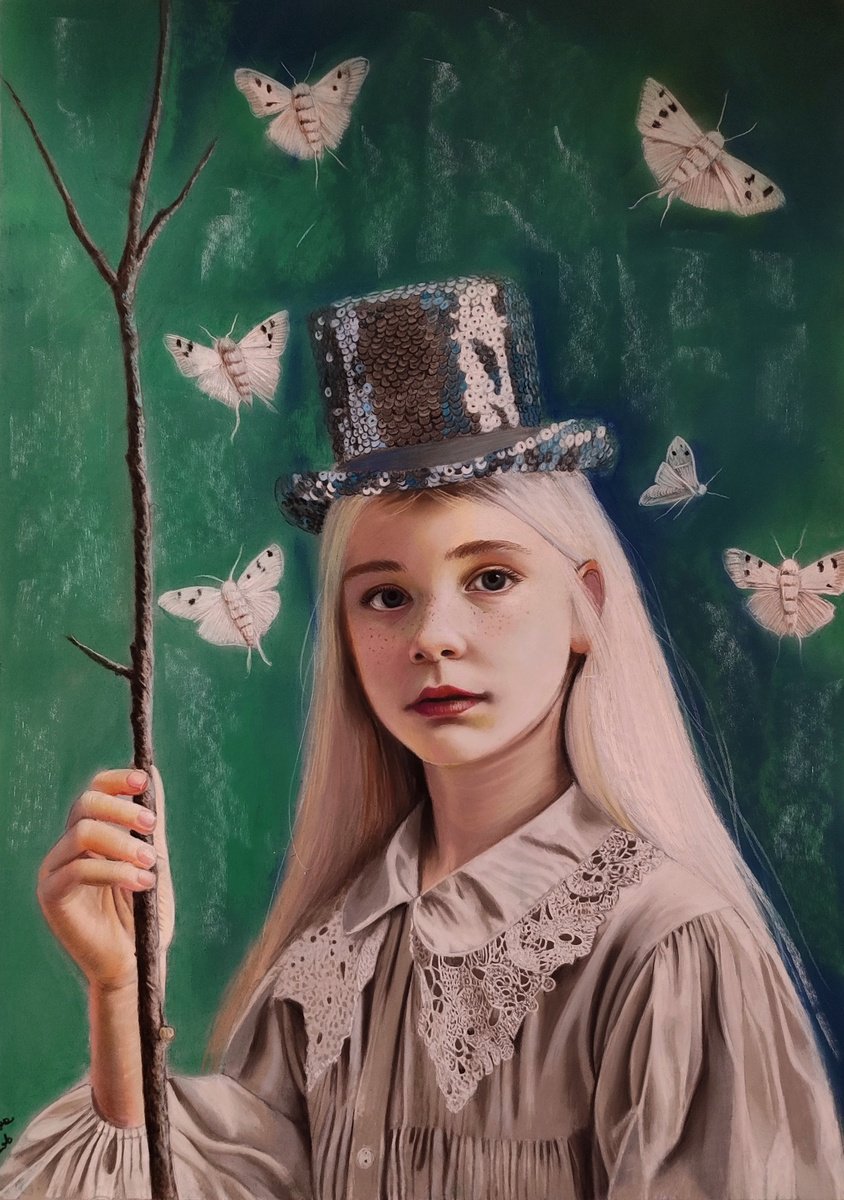 Photorealistic Portrait Pastel Drawing By Laura Muolo, 20 X 28", The Breath Like A Wing Beat, Original Artwork