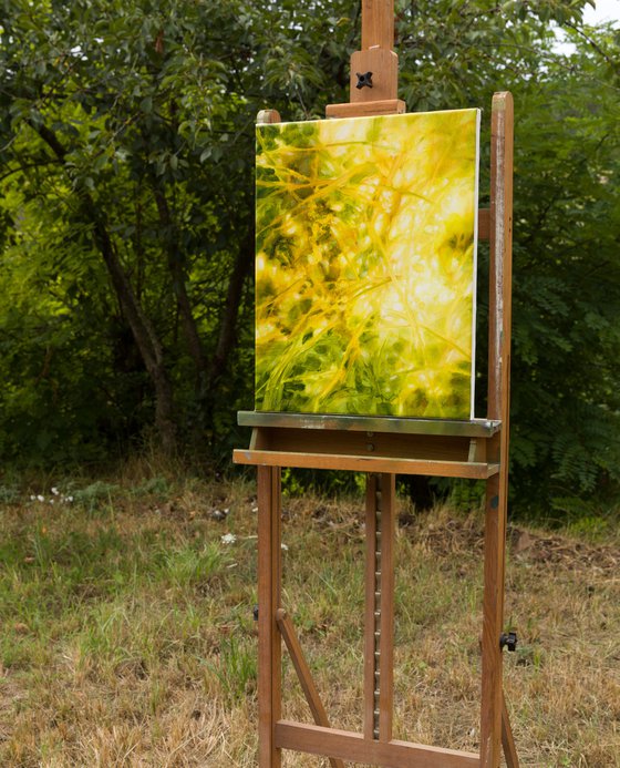 Light through the branches - Abstract nature - Oil painting in yellow, green and brown