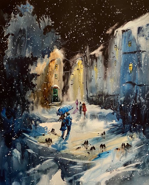 Watercolor “Always together. Snowy evening ” perfect gift by Iulia Carchelan