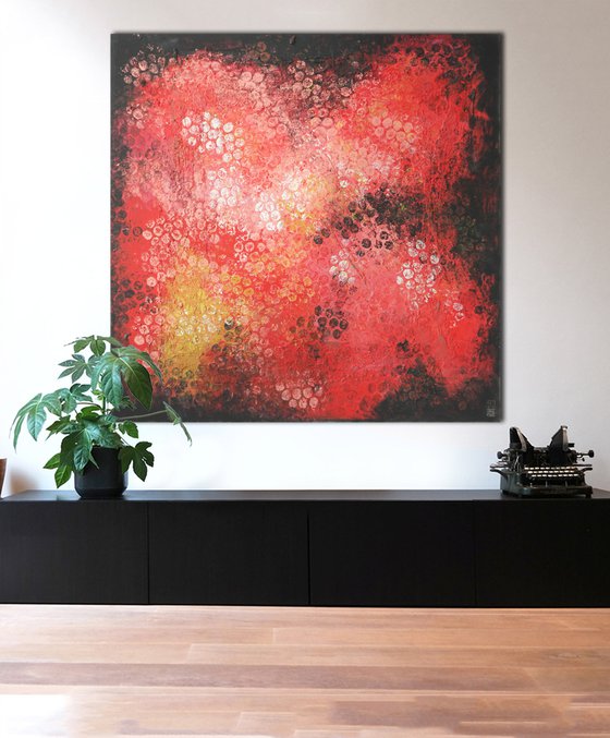 Extra Large Painting - Red Black Bubbles - 120x120cm - Ronald Hunter - 03O