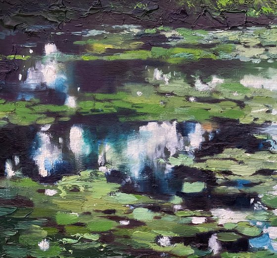 "Water-Lilies pond"-100x100cm large original oil painting by Artem Grunyka (2022)