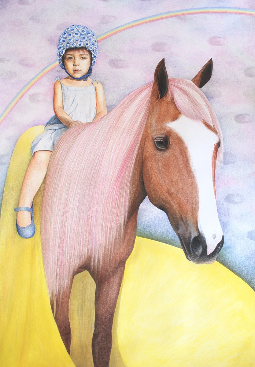 Photorealistic Animal Pencil Drawing By Andromachi Giannopoulou, 28 X 39, Magic Pony Ride, Original Artwork