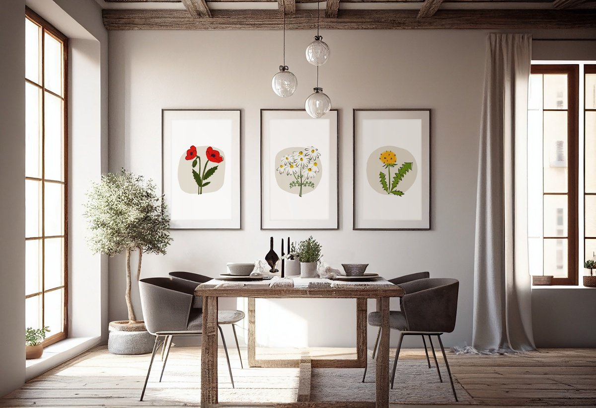Botanical Giclee Print By Emma Evans-Freke, 12 X 17, A Triptych Of Wild Flowers, Original Artwork