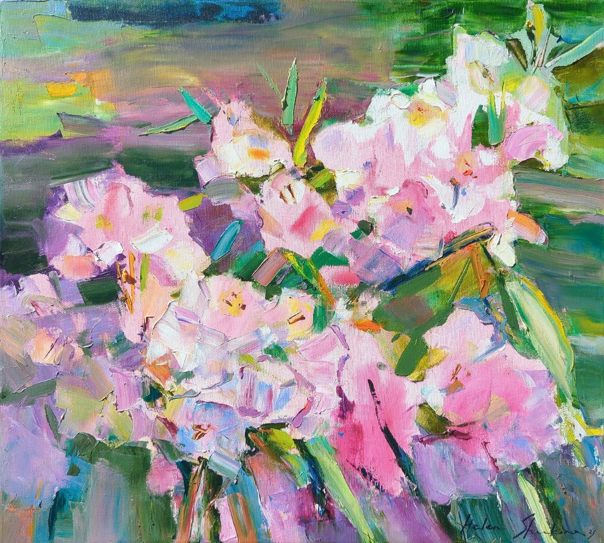 Impressionistic Botanical Oil Painting By Helen Shukina, 20 X 18, Summer Impressions . Azalea, Original Artwork
