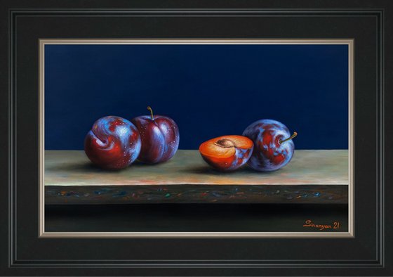 Still life red plums (50x35cm, oil on panel)