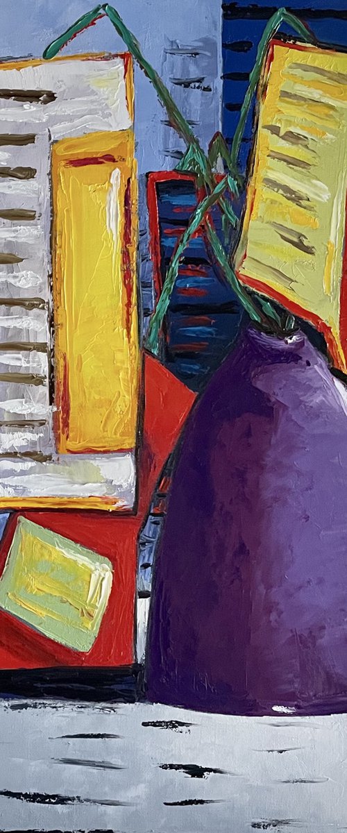 Egg flowers in purple vase by Ta Byrne