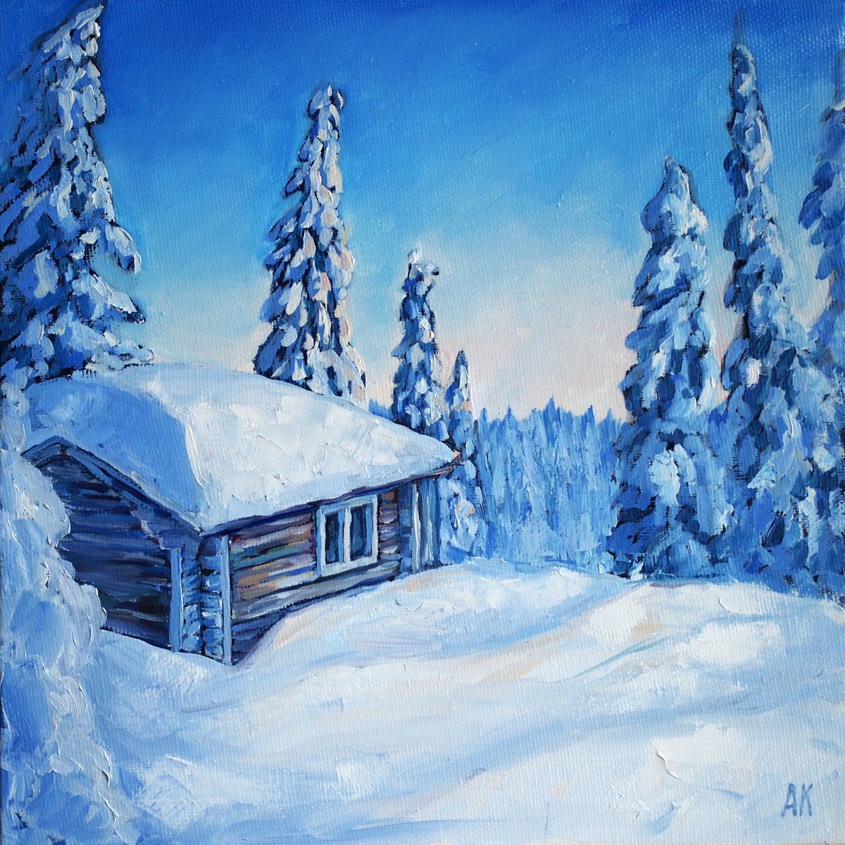 Cabin in the snowy woods by Alfia Koral
