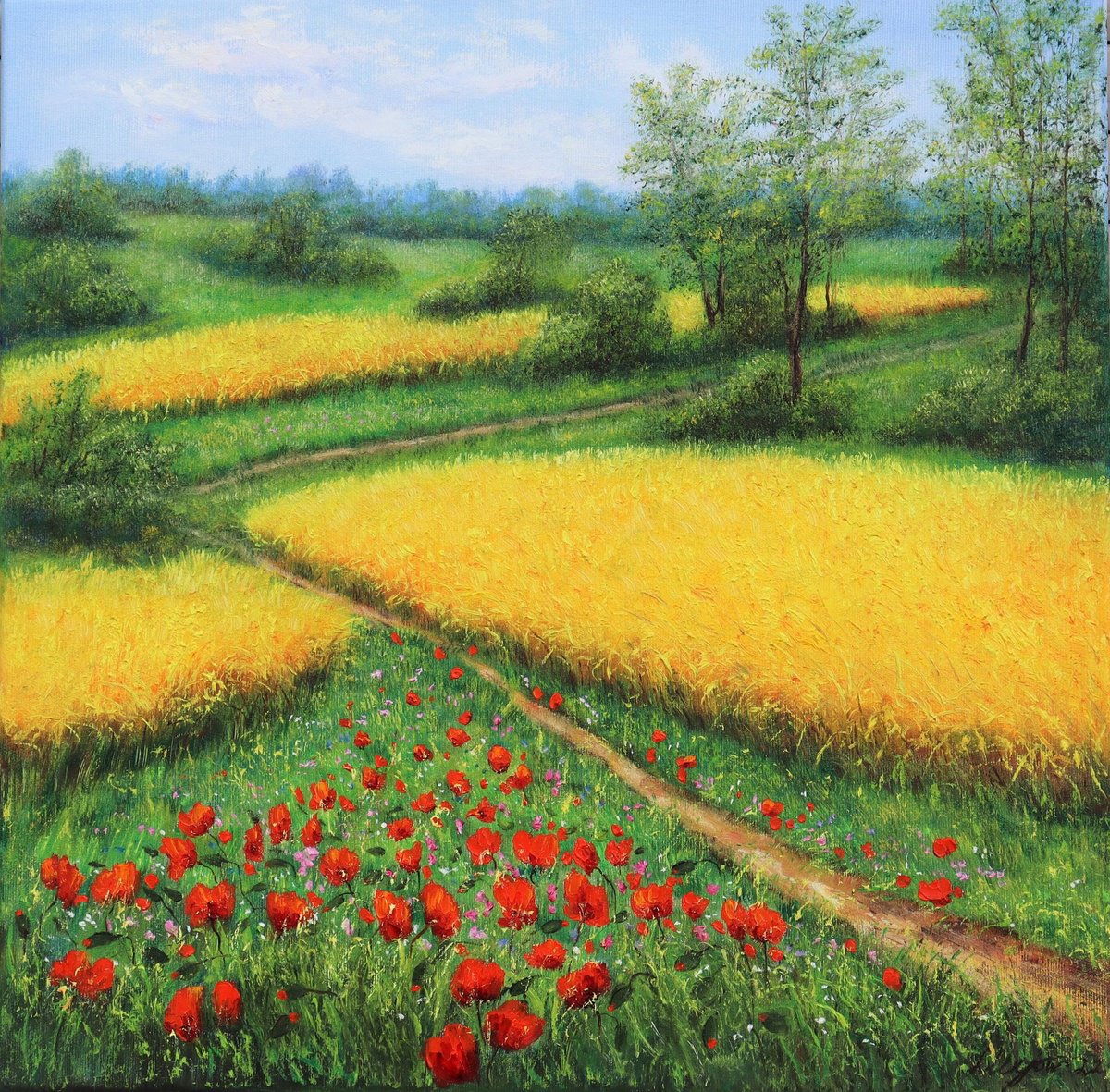 Photorealistic Landscape Oil Painting By Ludmilla Ukrow, 20 X 20", Yellow Field, Original Artwork