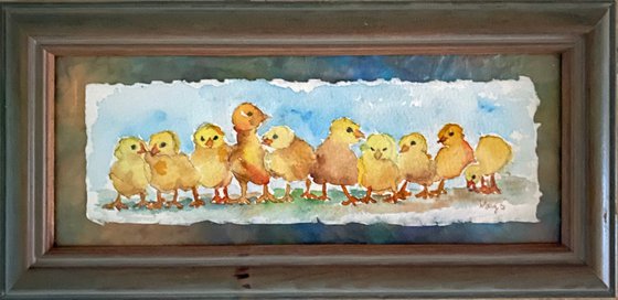 Yellow chicks original watercolor 5x10 matted on hand made paper and framed