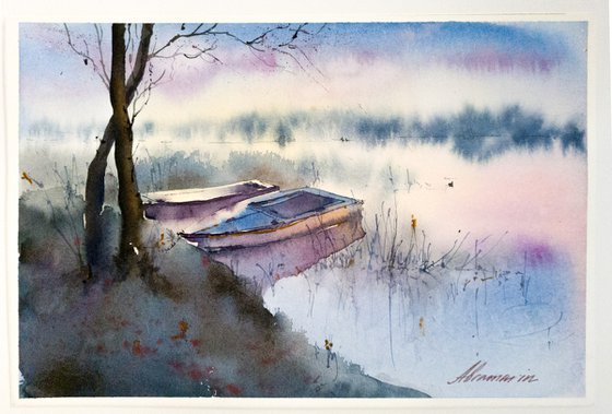 Quiet evening on the lake. Original watercolor picture.