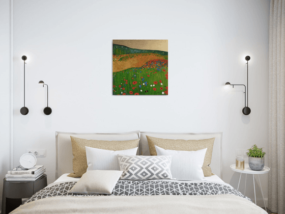 Contemporary Abstract Poppy Field & Gold Leaf Landscape.