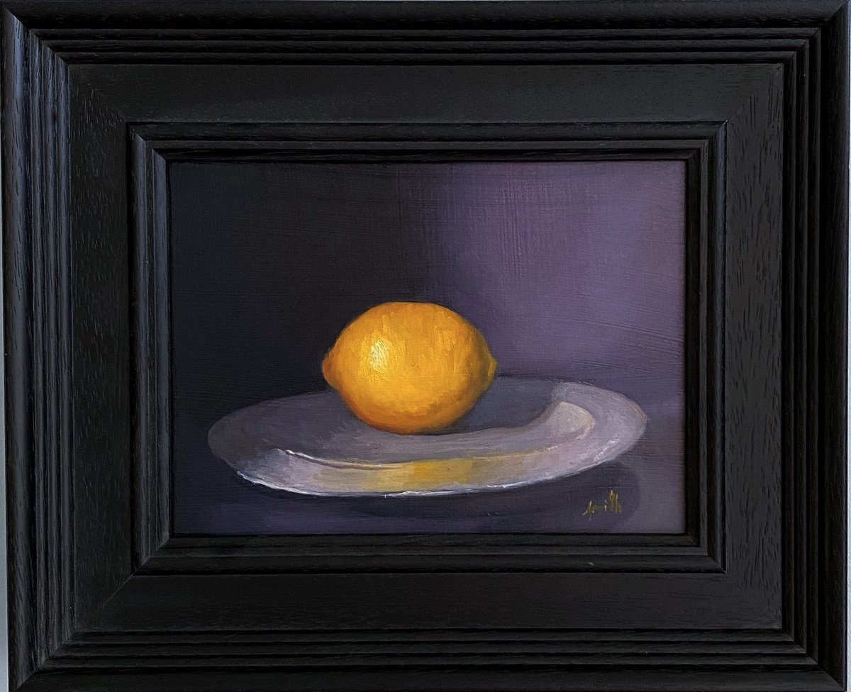 Lemon Still Life original oil realism painting, with wooden frame. by Jackie Smith