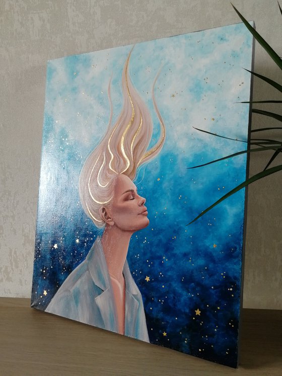 Immersion in yourself | 40*50 cm | portrait of a dreaming girl with stars