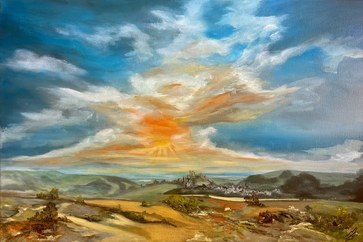 Impressionistic Landscape Oil Painting By Marja Brown, 31 X 21", Corfe Castle At Sunset, Original Artwork