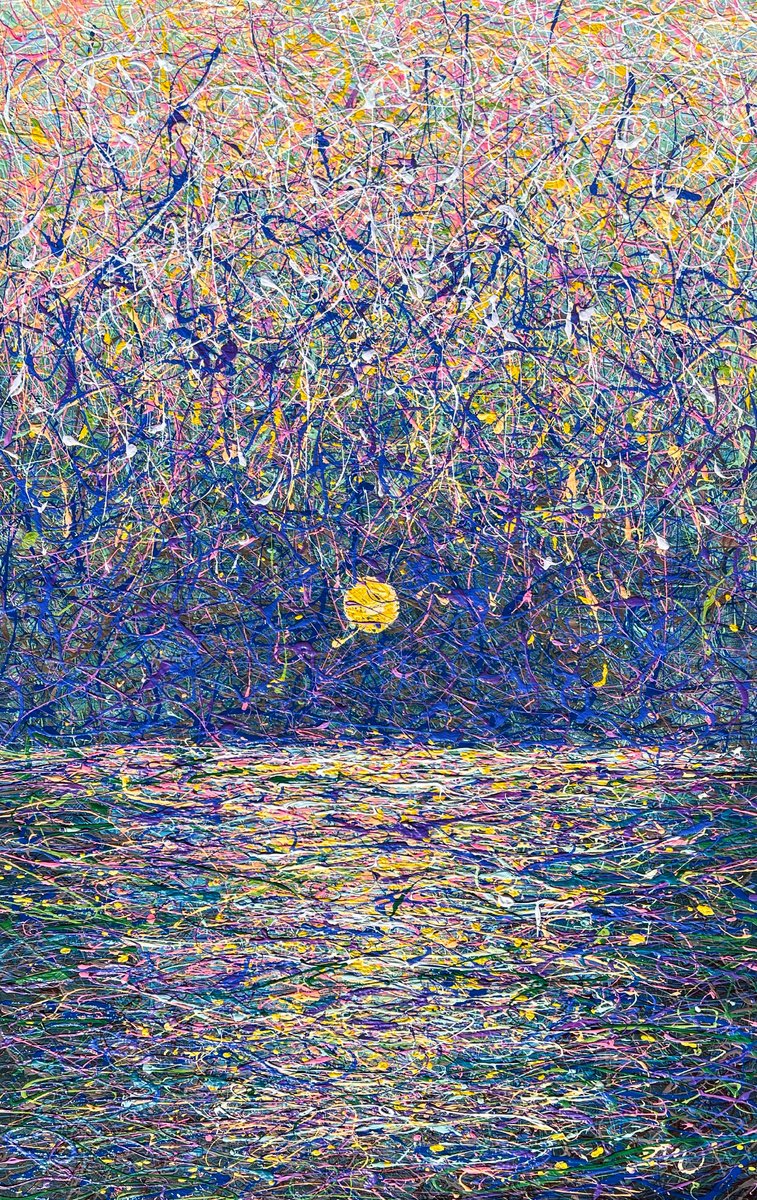 Abstract Landscape Acrylic Painting By Nadiia Antoniuk, 37 X 57", Fly Me To The Moon, Original Artwork