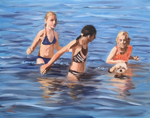 Seaside Serenity: A Playful Encounter of Girls and a Doggy by Elena Sokolova